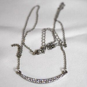 Glittering Pave' Crystal Curved Half Moon Bar Silver Tone 22" Party Y2K Necklace